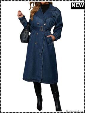 Double Breasted Denim Trench Coat Mid Long Jean Duster